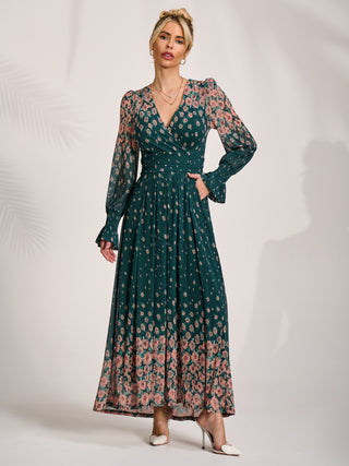 Printed Mesh Long Sleeve Maxi Dress, Green Floral