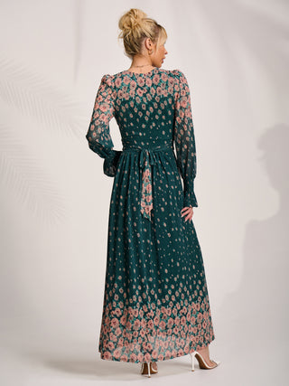 Printed Mesh Long Sleeve Maxi Dress, Green Floral