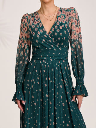 Printed Mesh Long Sleeve Maxi Dress, Green Floral
