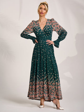 Printed Mesh Long Sleeve Maxi Dress, Green Floral