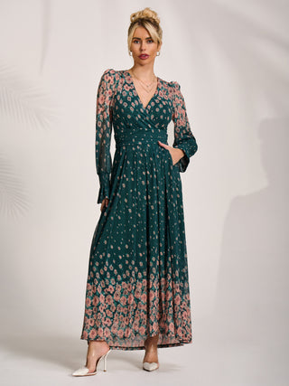 Printed Mesh Long Sleeve Maxi Dress, Green Floral