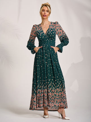 Printed Mesh Long Sleeve Maxi Dress, Green Floral