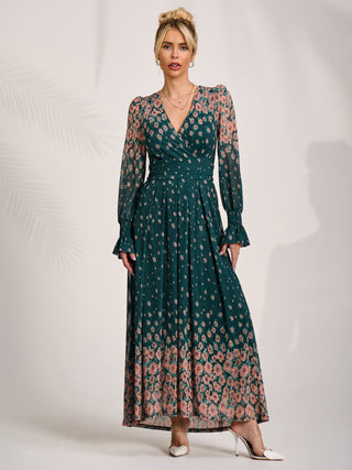Printed Mesh Long Sleeve Maxi Dress, Green Floral