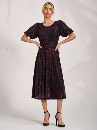 Mesh Puff Sleeve Midi Dress, Brown Leopard