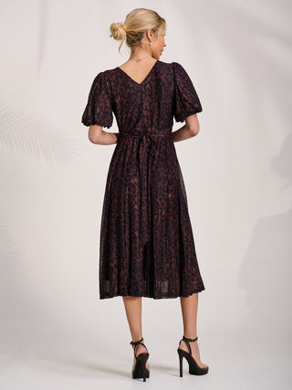 Mesh Puff Sleeve Midi Dress, Brown Leopard