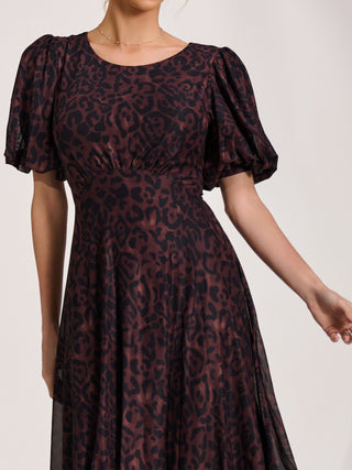 Mesh Puff Sleeve Midi Dress, Brown Leopard