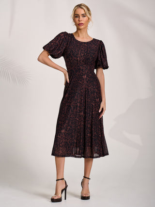 Mesh Puff Sleeve Midi Dress, Brown Leopard