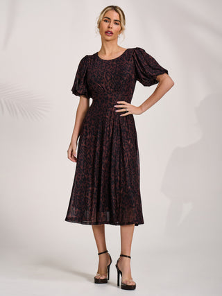 Mesh Puff Sleeve Midi Dress, Brown Leopard