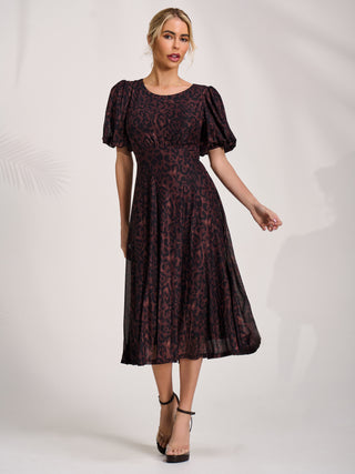 Mesh Puff Sleeve Midi Dress, Brown Leopard