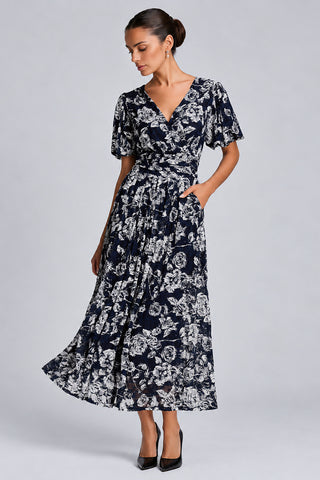 Puff Sleeve Lace Maxi Dress, Navy Floral