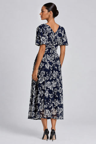 Puff Sleeve Lace Maxi Dress, Navy Floral