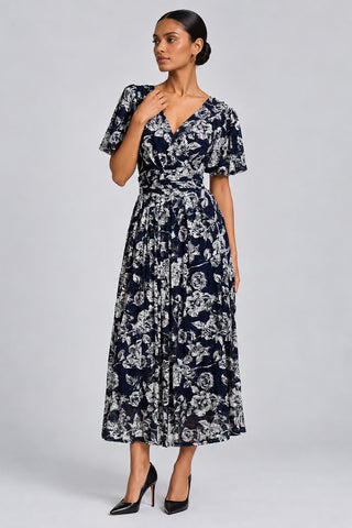 Puff Sleeve Lace Maxi Dress, Navy Floral