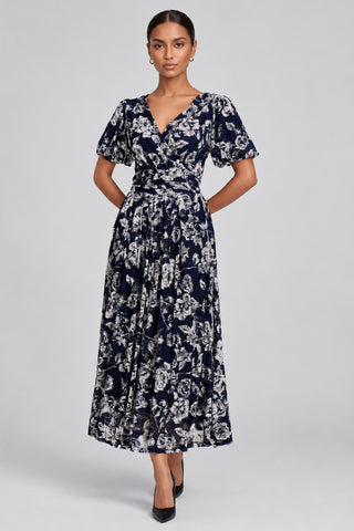 Puff Sleeve Lace Maxi Dress, Navy Floral