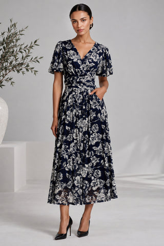 Puff Sleeve Lace Maxi Dress, Navy Floral