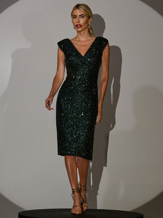 Sequin Wrap Bodice Shoulder Pad Midi Dress Black Green