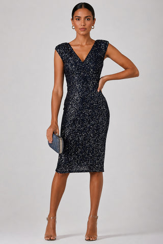 Wrap Bodice Sequin Midi Dress, Navy Silver