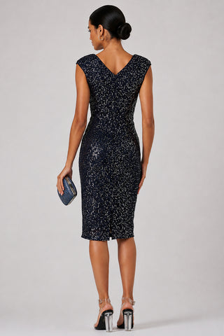 Wrap Bodice Sequin Midi Dress, Navy Silver