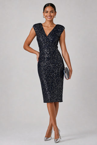 Wrap Bodice Sequin Midi Dress, Navy Silver
