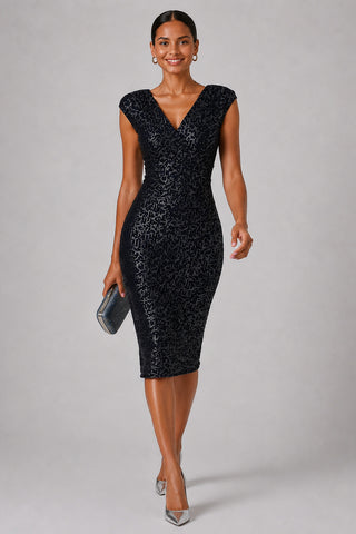Wrap Bodice Sequin Midi Dress, Navy Silver