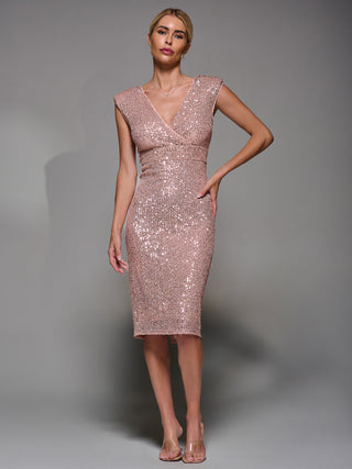 Sequin Wrap Bodice Shoulder Pad Midi Dress, Rose Pink