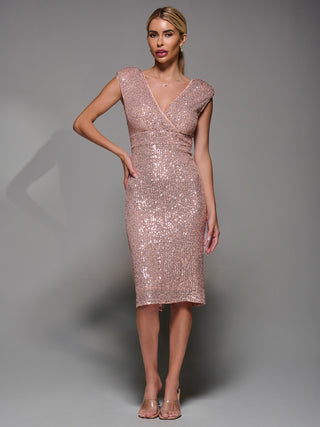 Sequin Wrap Bodice Shoulder Pad Midi Dress, Rose Pink
