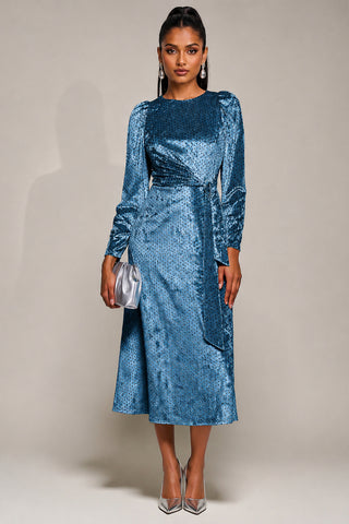 Velvet Tie Detail Midi Dress, Blue Spot