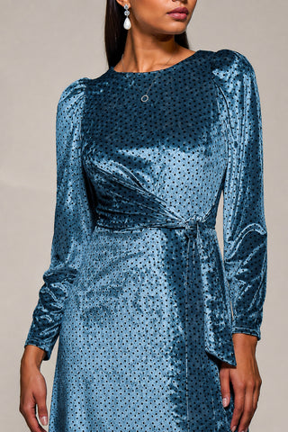 Velvet Tie Detail Midi Dress, Blue Spot