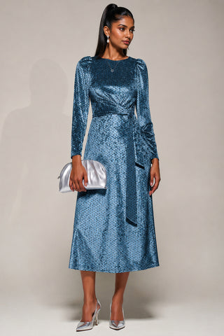 Velvet Tie Detail Midi Dress, Blue Spot