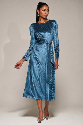 Velvet Tie Detail Midi Dress, Blue Spot