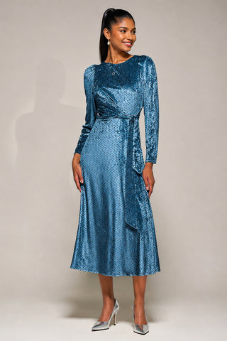 Velvet Tie Detail Midi Dress, Blue Spot