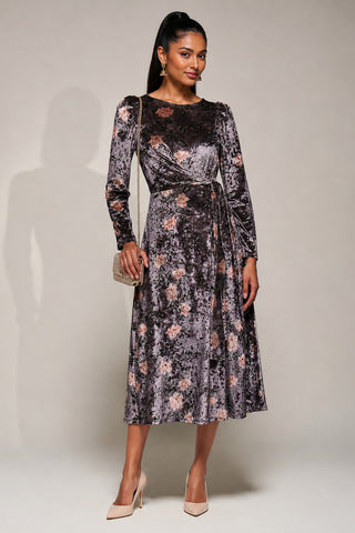 Velvet Tie Detail Midi Dress, Mauve Floral