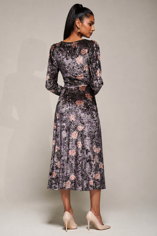 Velvet Tie Detail Midi Dress, Mauve Floral