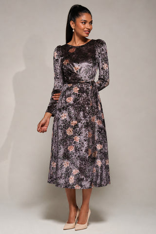 Velvet Tie Detail Midi Dress, Mauve Floral