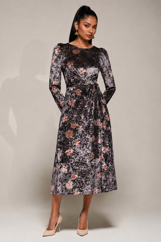 Velvet Tie Detail Midi Dress, Mauve Floral