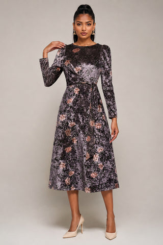 Velvet Tie Detail Midi Dress, Mauve Floral
