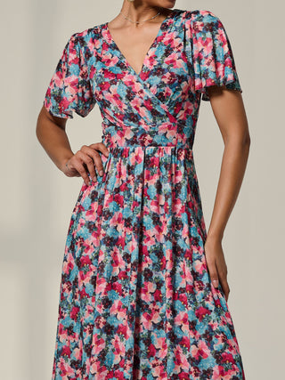 Wrap Front Mesh Maxi Dress, Teal Multi