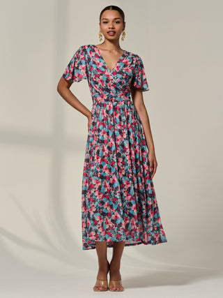 Wrap Front Mesh Maxi Dress, Teal Multi