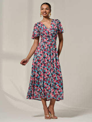 Wrap Front Mesh Maxi Dress, Teal Multi