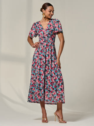 Wrap Front Mesh Maxi Dress, Teal Multi