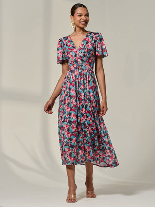 Wrap Front Mesh Maxi Dress, Teal Multi