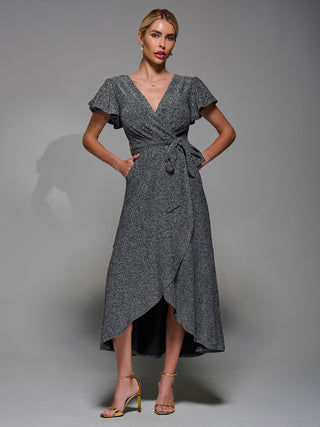 Metalic Angel Sleeve Wrap Maxi Dress Black Silver