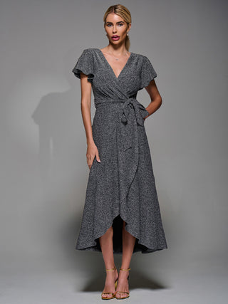 Metalic Angel Sleeve Wrap Maxi Dress Black Silver