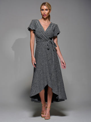 Metalic Angel Sleeve Wrap Maxi Dress Black Silver