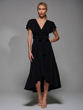 Metalic Angel Sleeve Wrap Maxi Dress Black