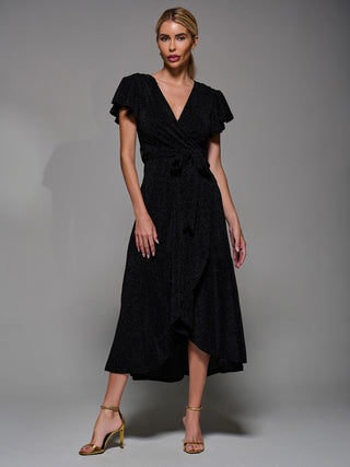 Metalic Angel Sleeve Wrap Maxi Dress Black
