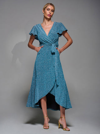 Metalic Angel Sleeve Wrap Maxi Dress Blue / Silver