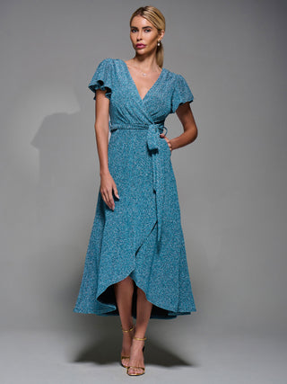 Metalic Angel Sleeve Wrap Maxi Dress Blue / Silver