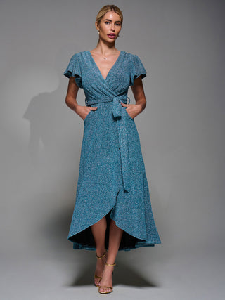 Metalic Angel Sleeve Wrap Maxi Dress Blue / Silver