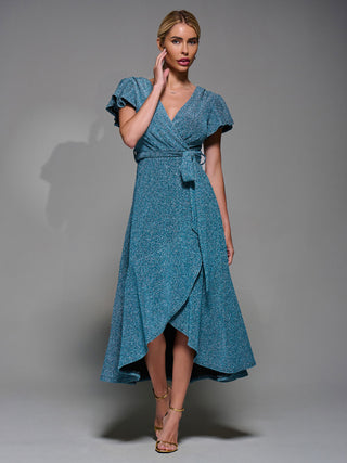 Metalic Angel Sleeve Wrap Maxi Dress Blue / Silver