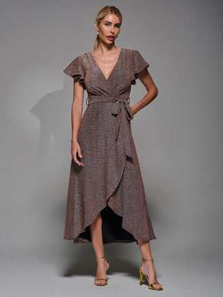 Metalic Angel Sleeve Wrap Maxi Dress Gold Red